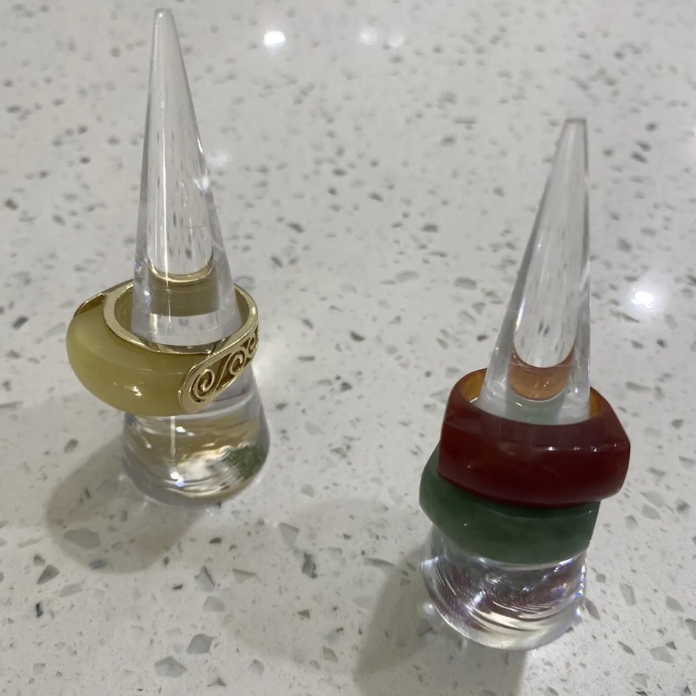 14k Solid Gold Jacket Ring + 3 Natural Jade Rings - image 2